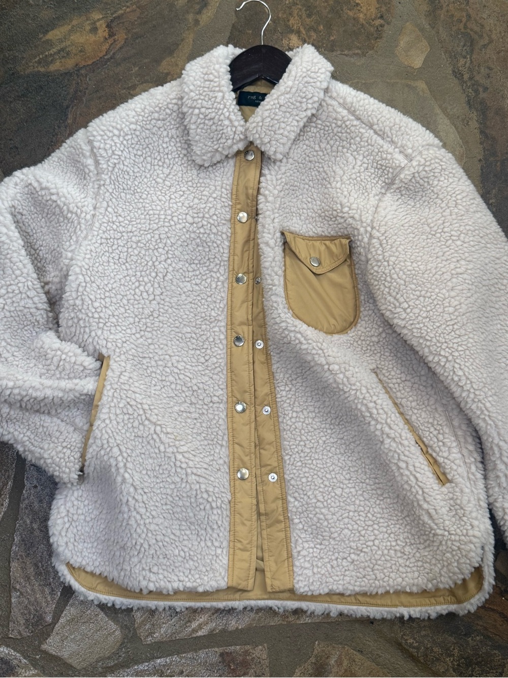 rag & bone Cream Teddy Sherpa Jacket with Tan Trim